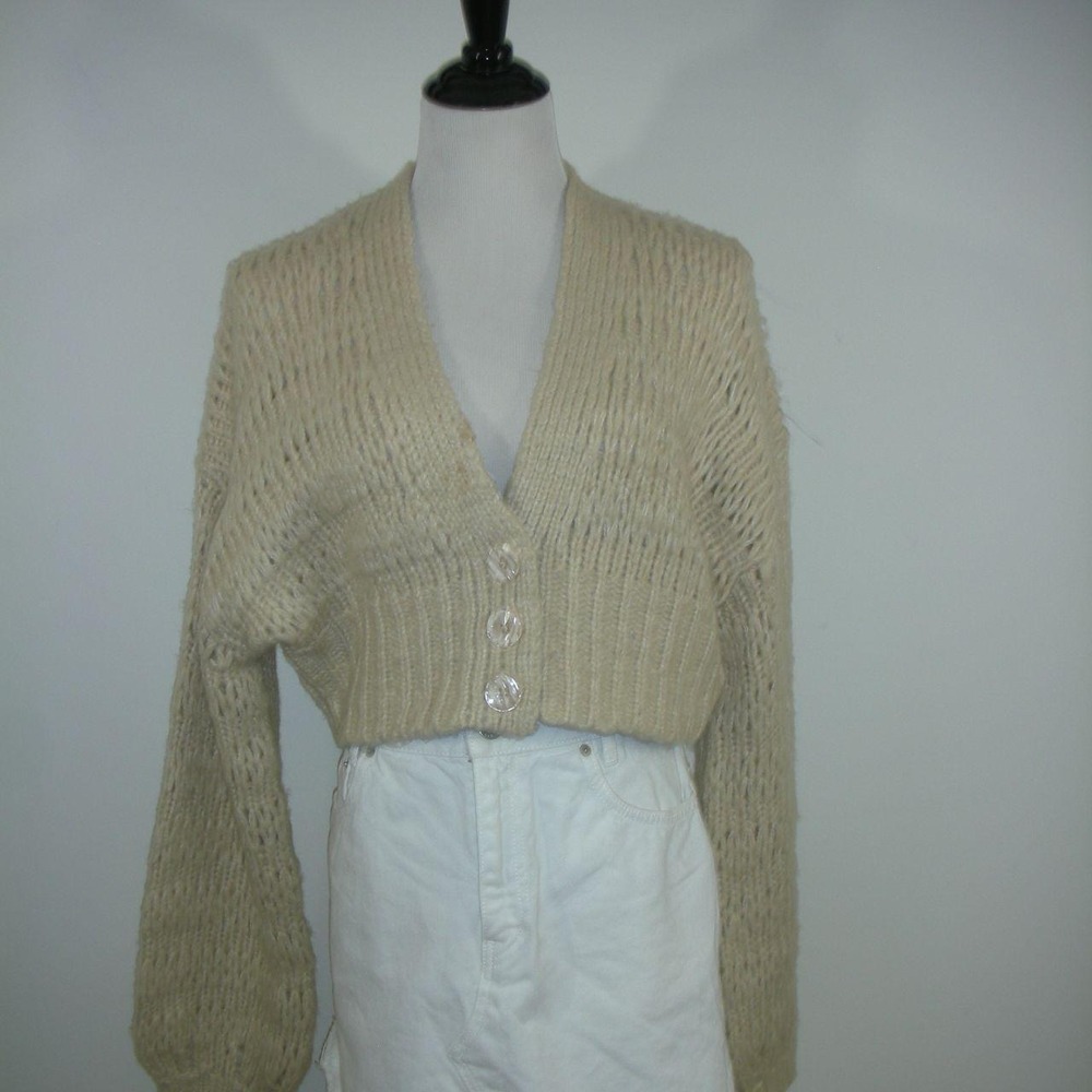 Urban Outfitters Cream Cropped Open Knit Balloon Sleeve Cardigan Coquette